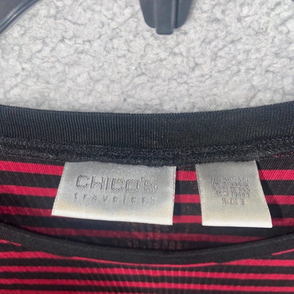 Chico's T Shirt Womens 3 Red Black Stripes Short Sleeve Round Neck Casual Top - Picture 4 of 15
